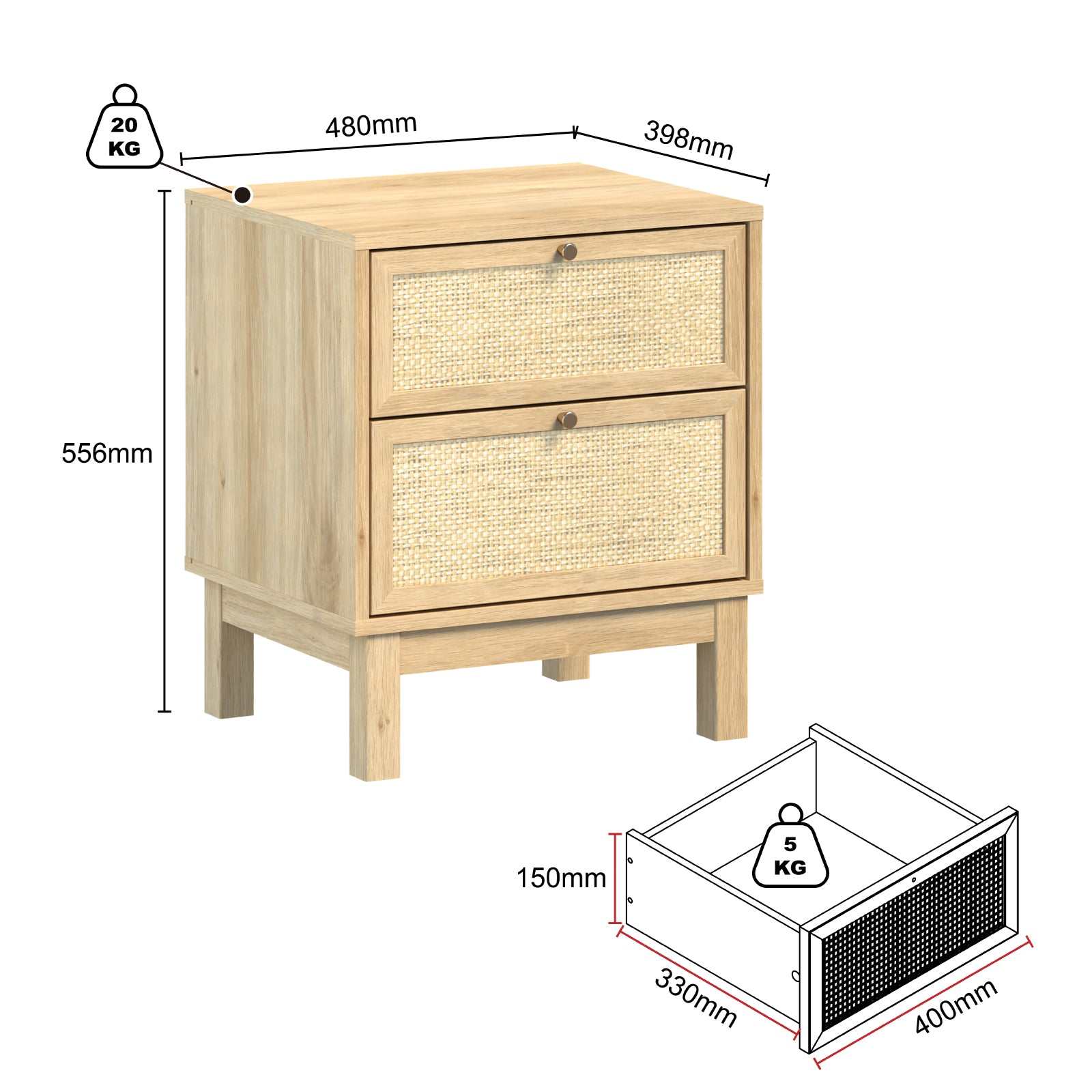 Nara Rattan Bedside Table – 2 Drawers