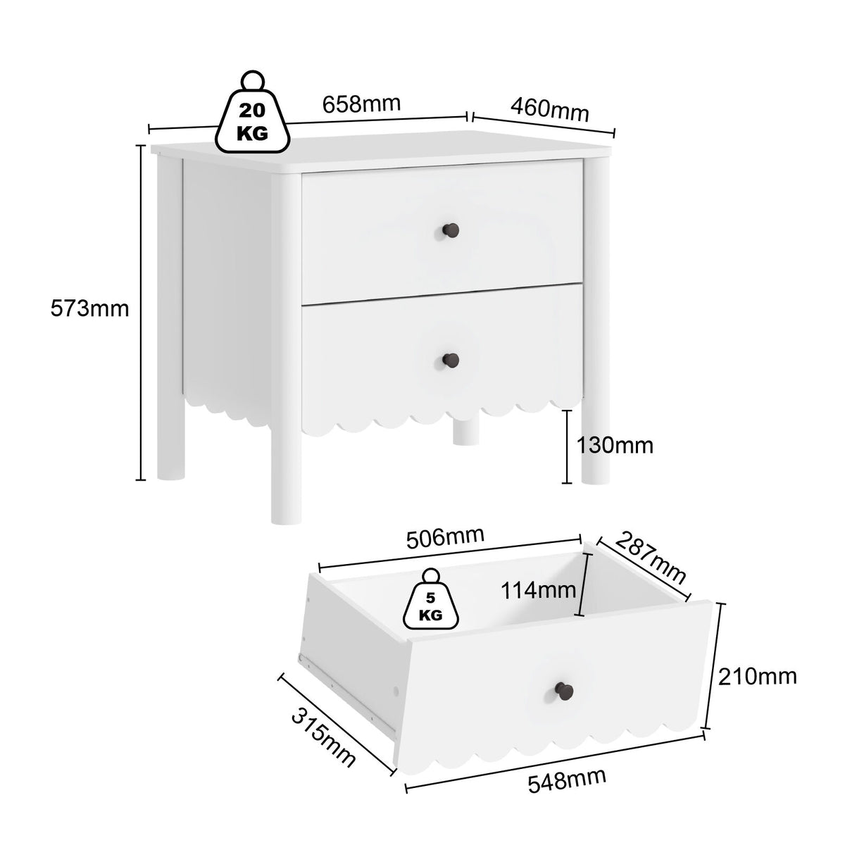 Harla White 2-Drawer Bedside Table with Scallop Cloud Edge