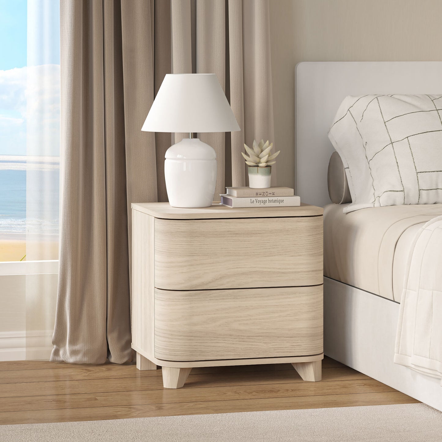 Malibu Curved 2 Drawer Natural Oak Bedside Table