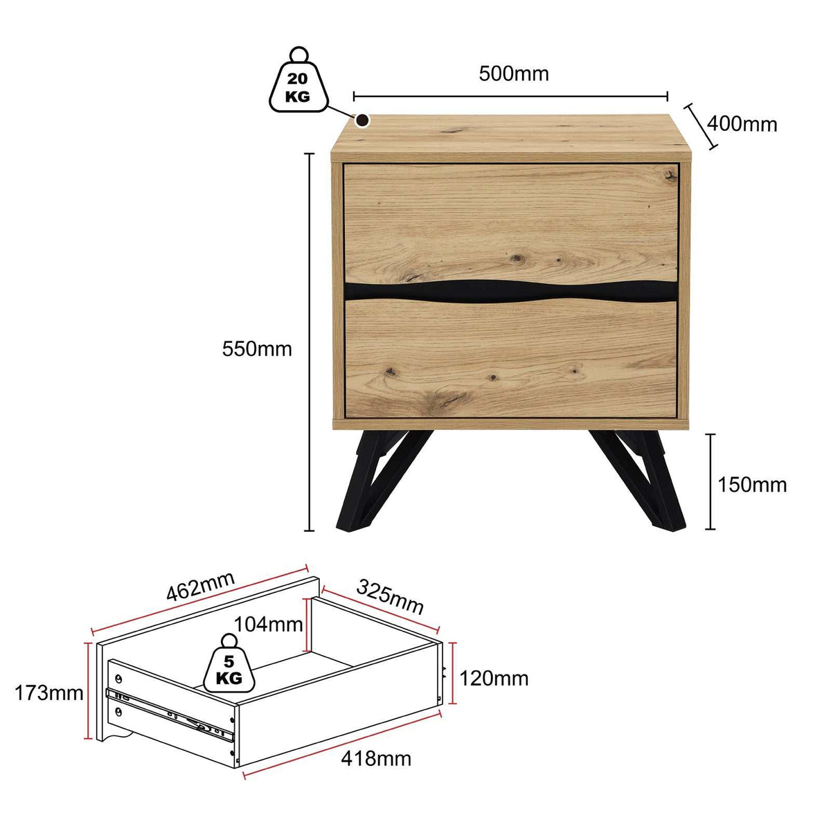 Grayson 2 Drawer Bedside Table