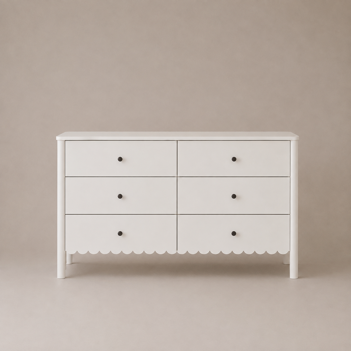 Harla 6-Drawer Dresser in White with Elegant Scalloped Detailing