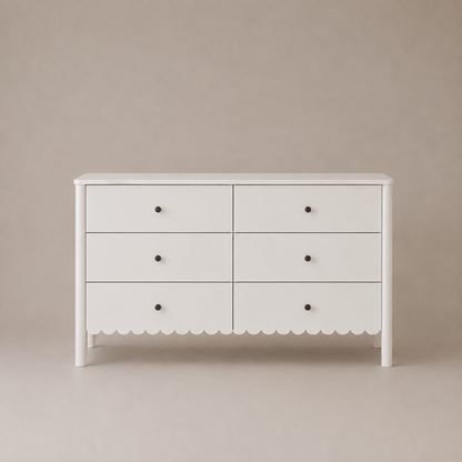 Harla 6-Drawer Dresser in White with Elegant Scalloped Detailing