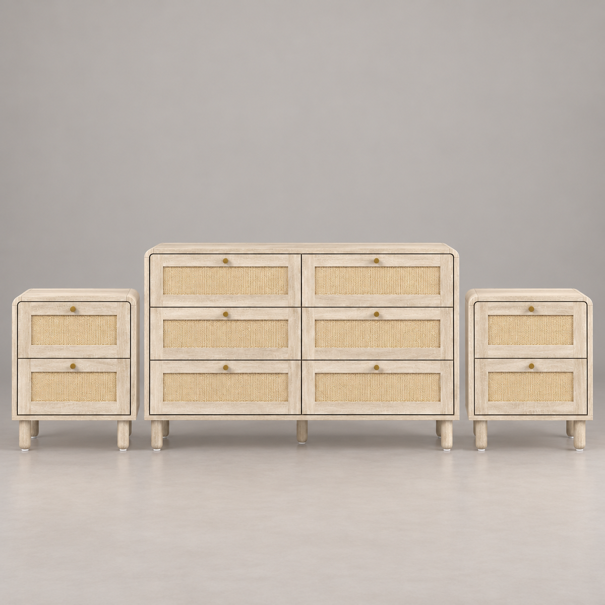 Barley 3 Piece Rattan Bedroom Bundle – 6 Drawer Dresser & 2 Bedside Tables