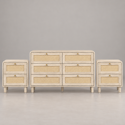 Barley 3 Piece Rattan Bedroom Bundle – 6 Drawer Dresser & 2 Bedside Tables