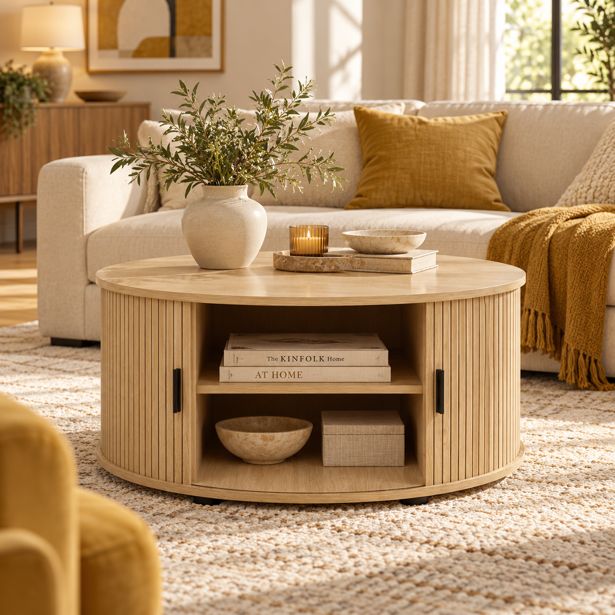 Ayla Round Fluted Coffee Table | Sliding Tambour Door 80cm