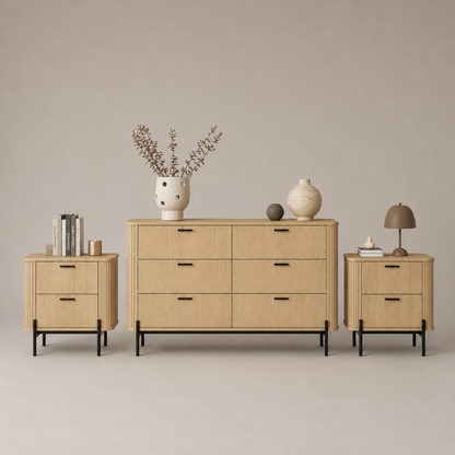 Ayla Fluted Bedroom Storage Set – 6-Drawer Dresser & 2 Bedside Tables