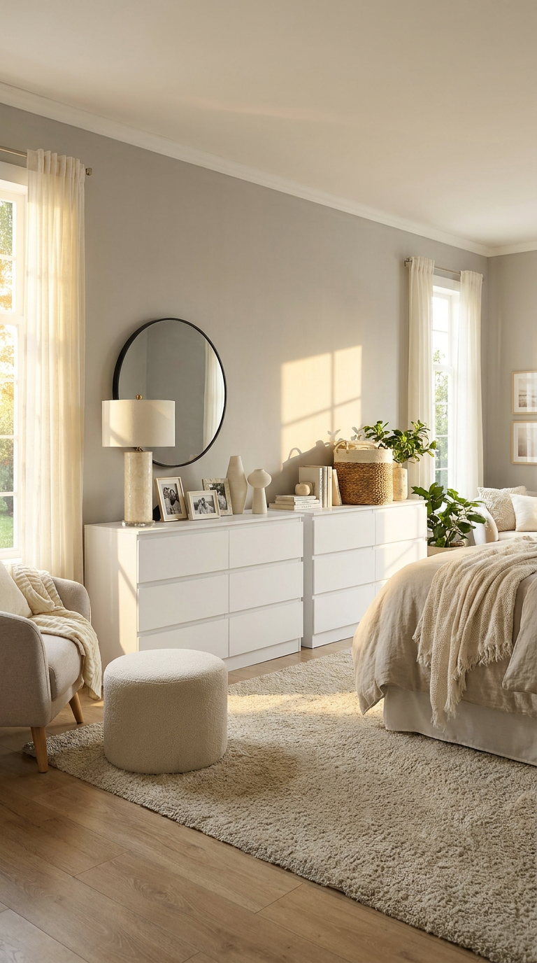 Neatly arranged bedroom with white dresser, bed, and decor items.