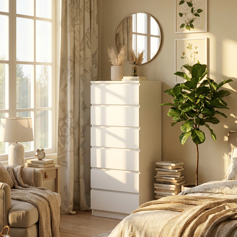 Neatly arranged bedroom with a dresser, chair, and decorative elements.
