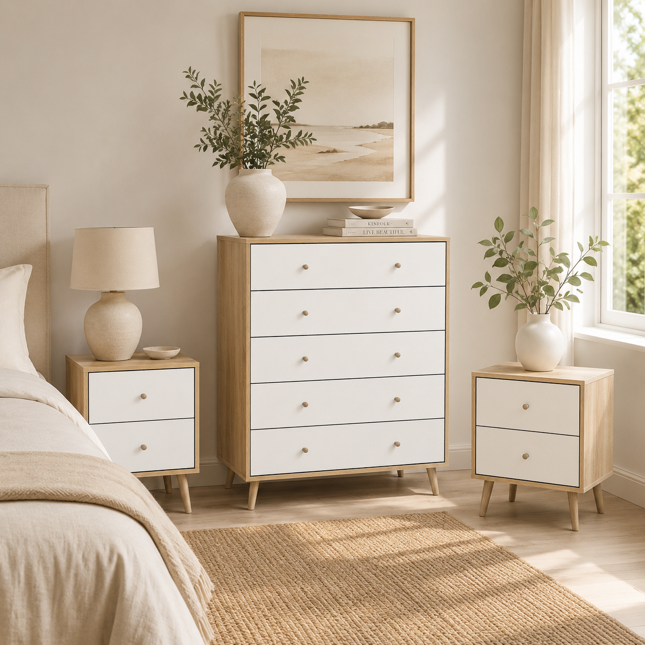 Adriana Storage Set – 5-Drawer Dresser and Matching Bedside Tables