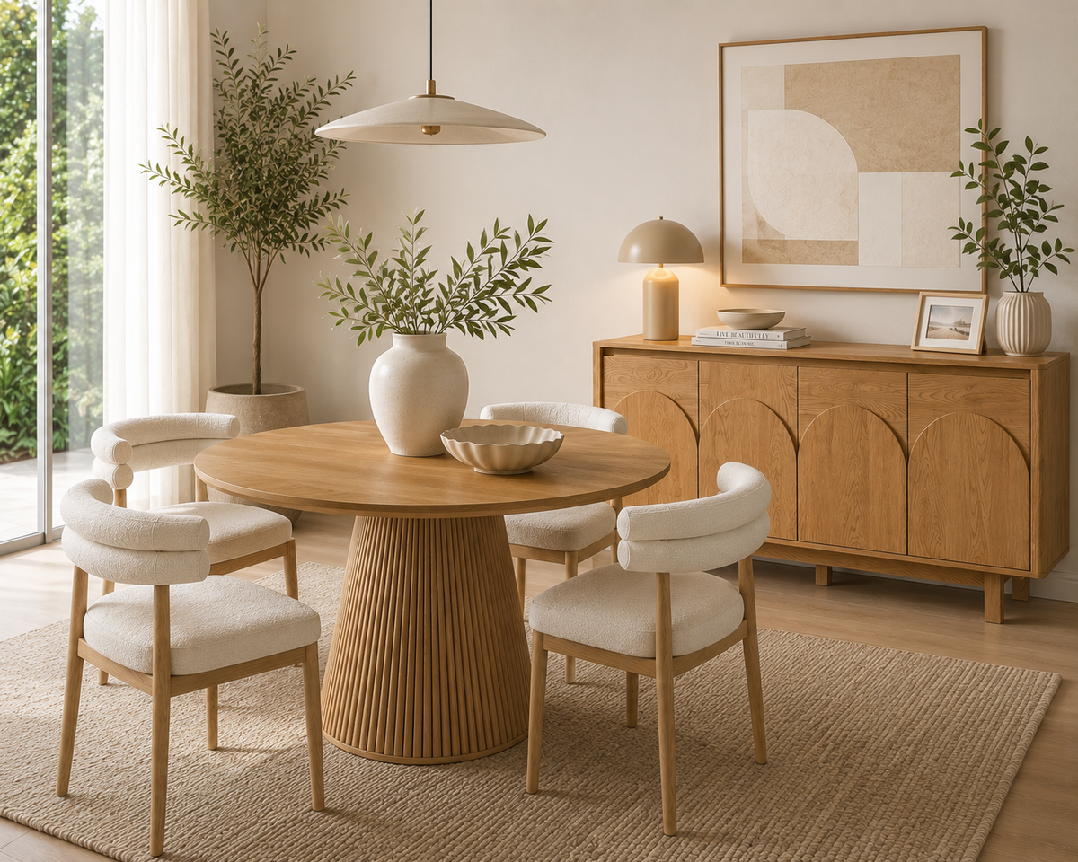 Close-up view of the Eden table’s fluted pedestal and natural oak-inspired finish