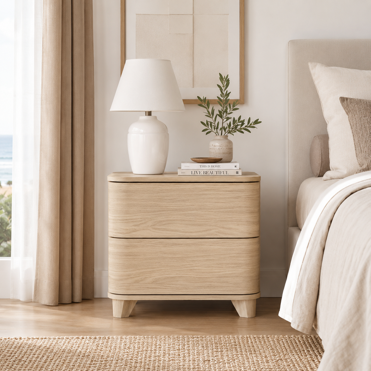 Malibu Curved 2 Drawer Natural Oak Bedside Table