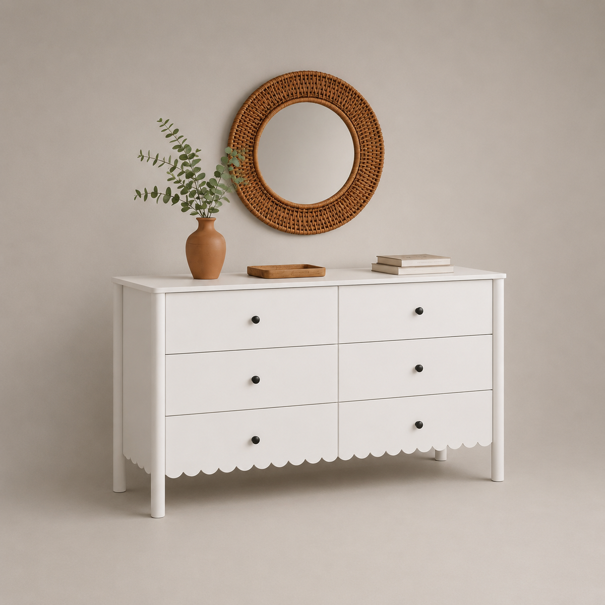 Harla 6-Drawer Dresser in White with Elegant Scalloped Detailing