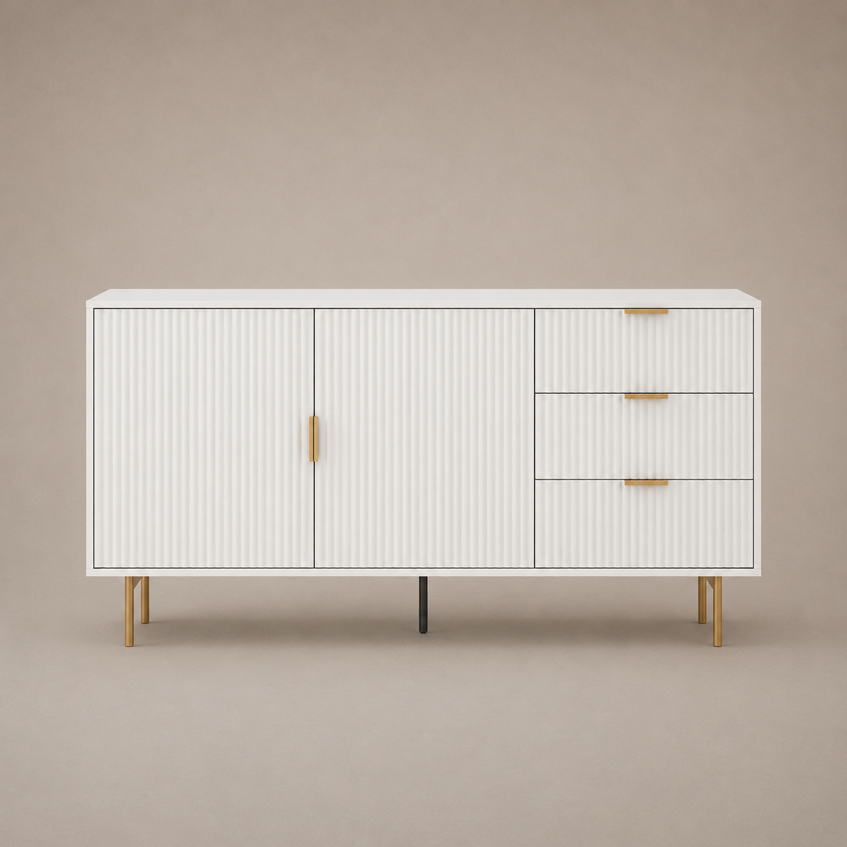 Sylvia Fluted Buffet Sideboard- White Storage Cabinet with Gold Accents
