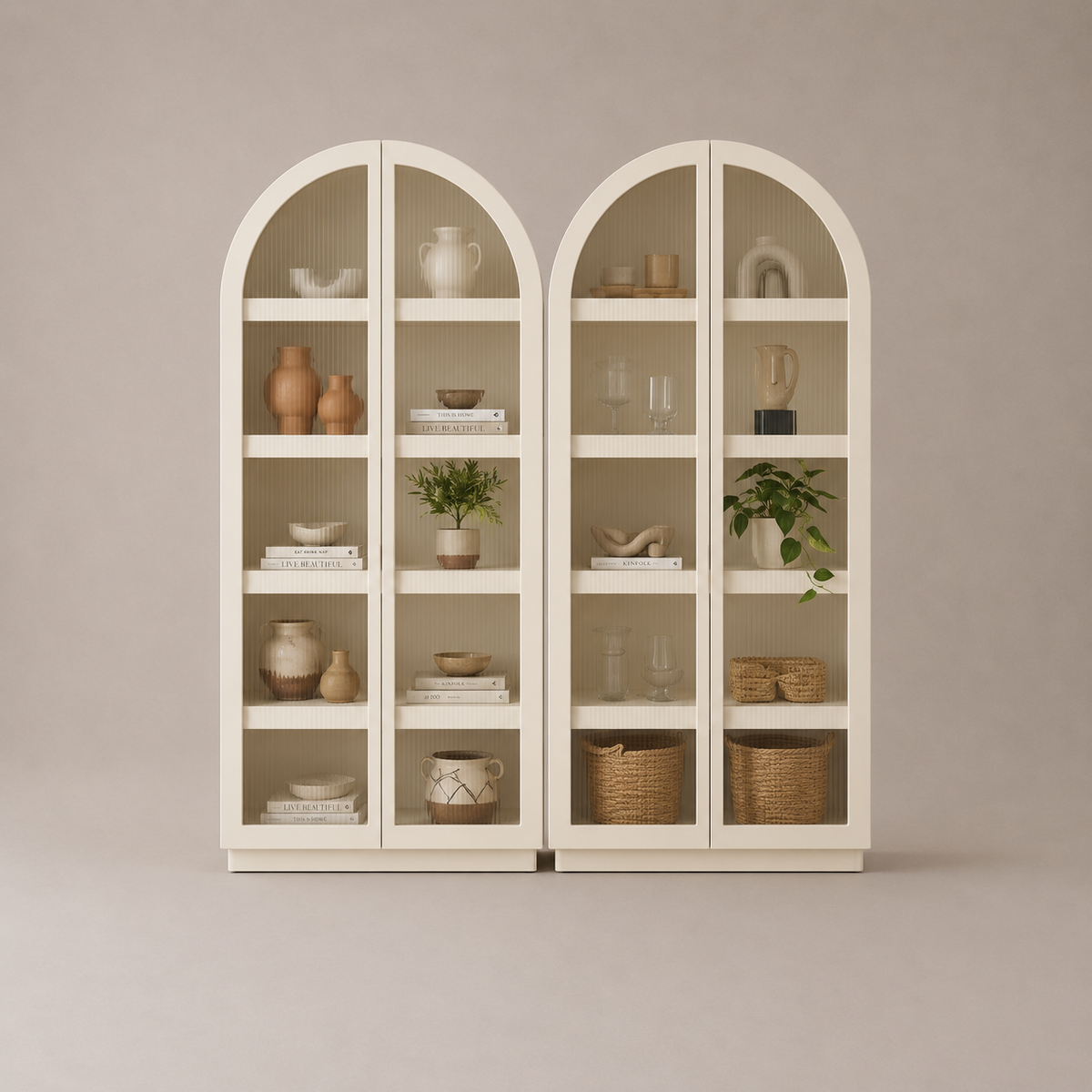 Duo Set- Sophia Ribbed Glass Door Display Cabinet With 10 Tier Shelves