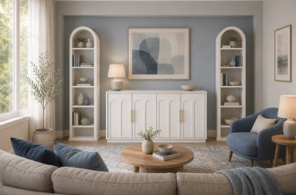 Opera Luxe Living Room Storage Bundle - 2 Opera Slim White Arch Cabinet + 4 Door Buffet Sideboard