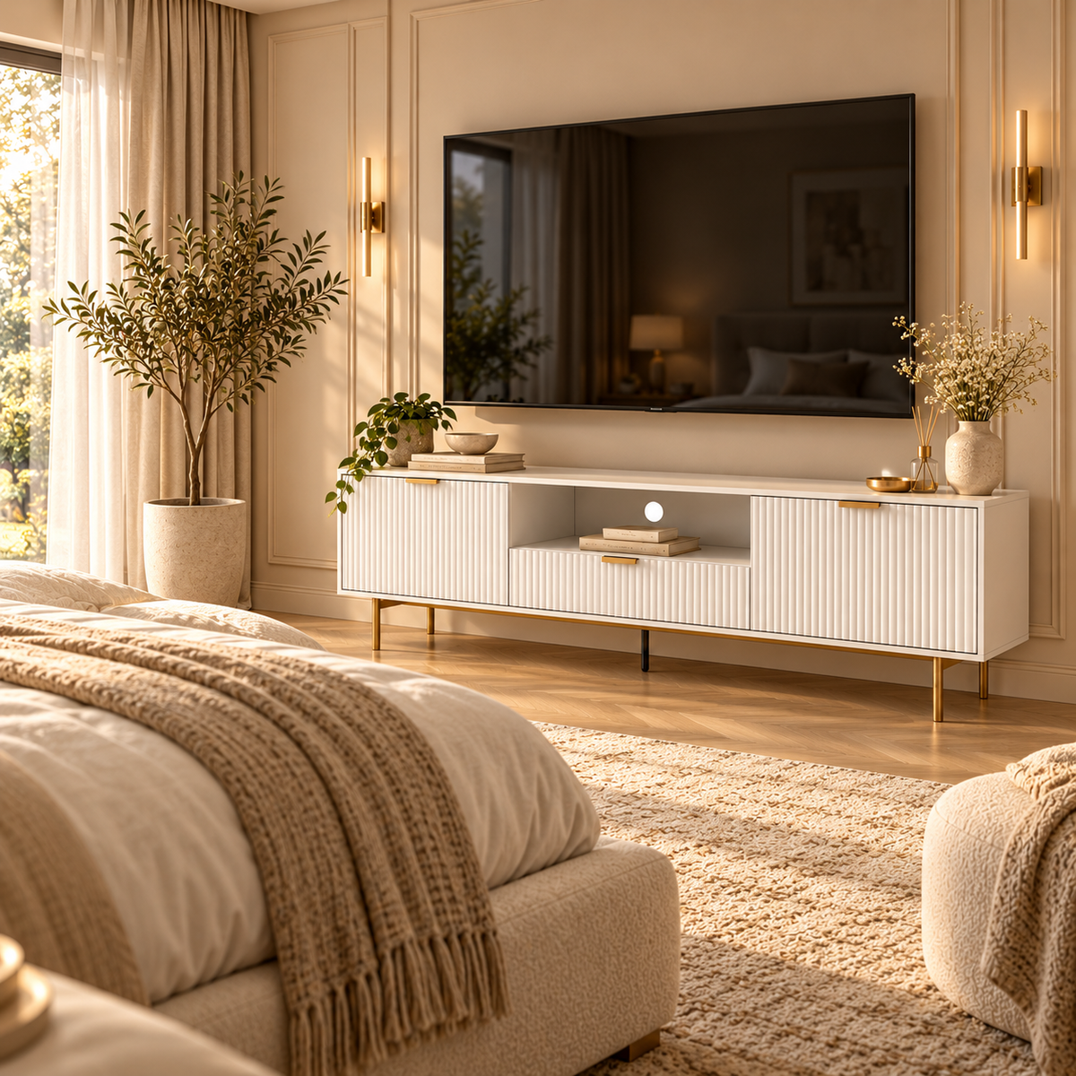 Sylvia White Fluted Entertainment TV | 180cm & Gold Accents
