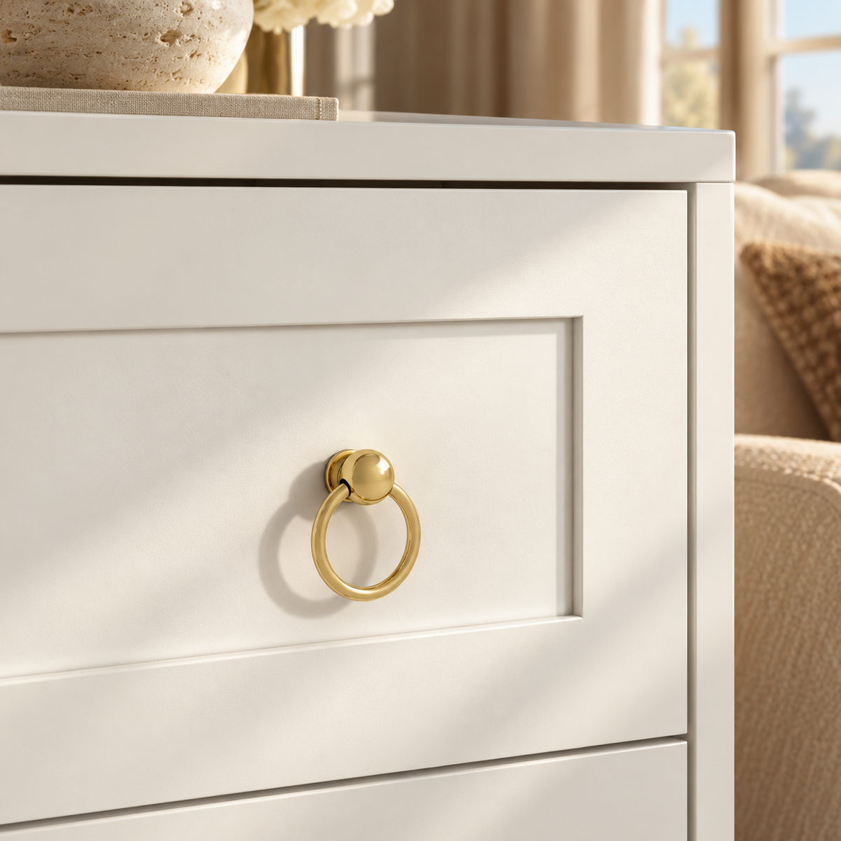 Villa Blanc 3-Drawer Bed Side Table – White with Gold Handle