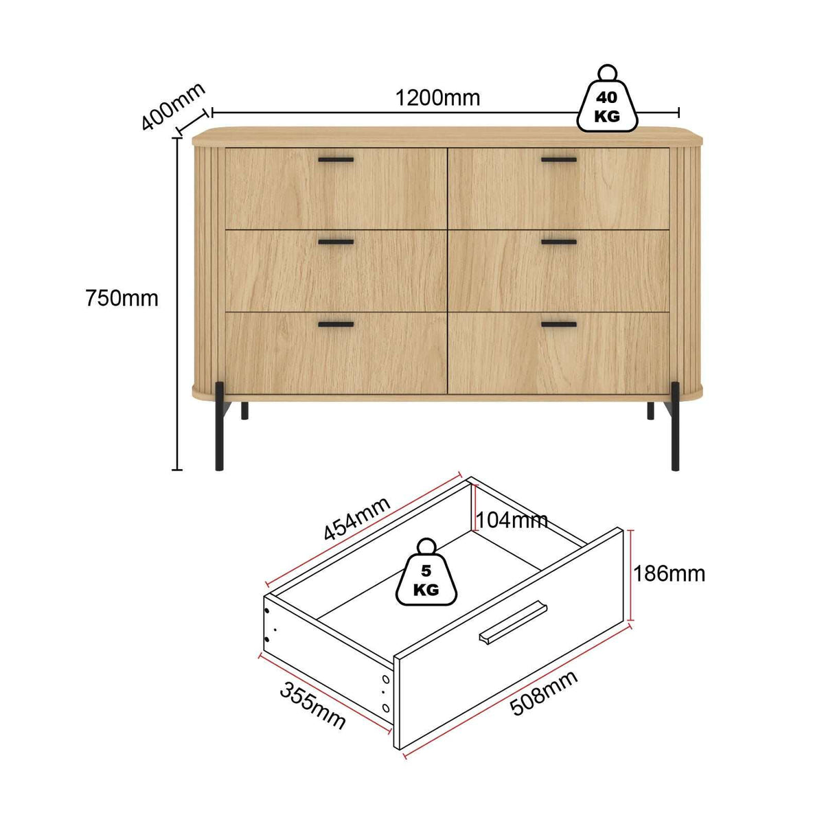 Ayla Fluted Bedroom Set dimension diagram for dresser and bedside tables