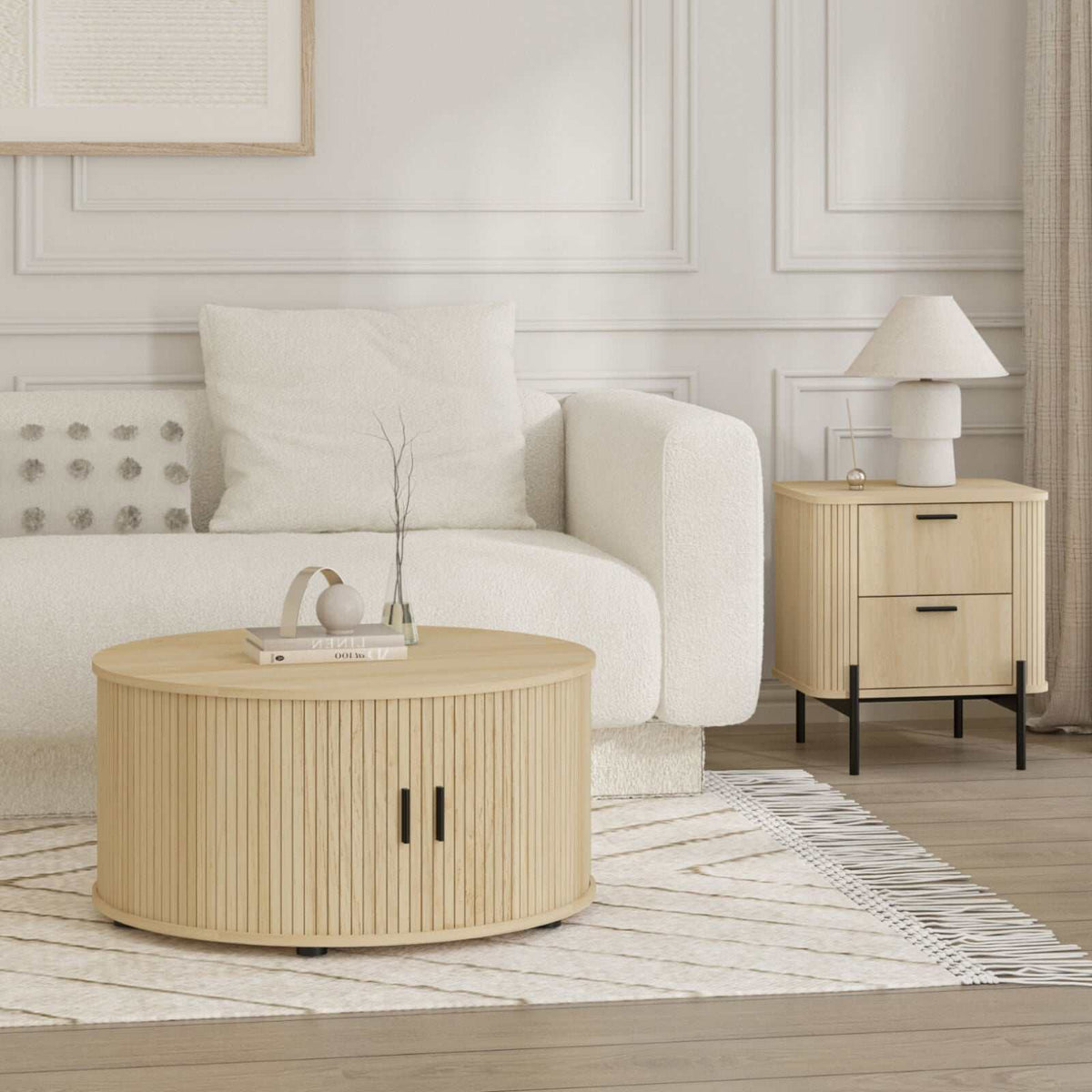 Ayla Fluted Living Room Set styled in a cosy Australian living room with a boucle sofa
