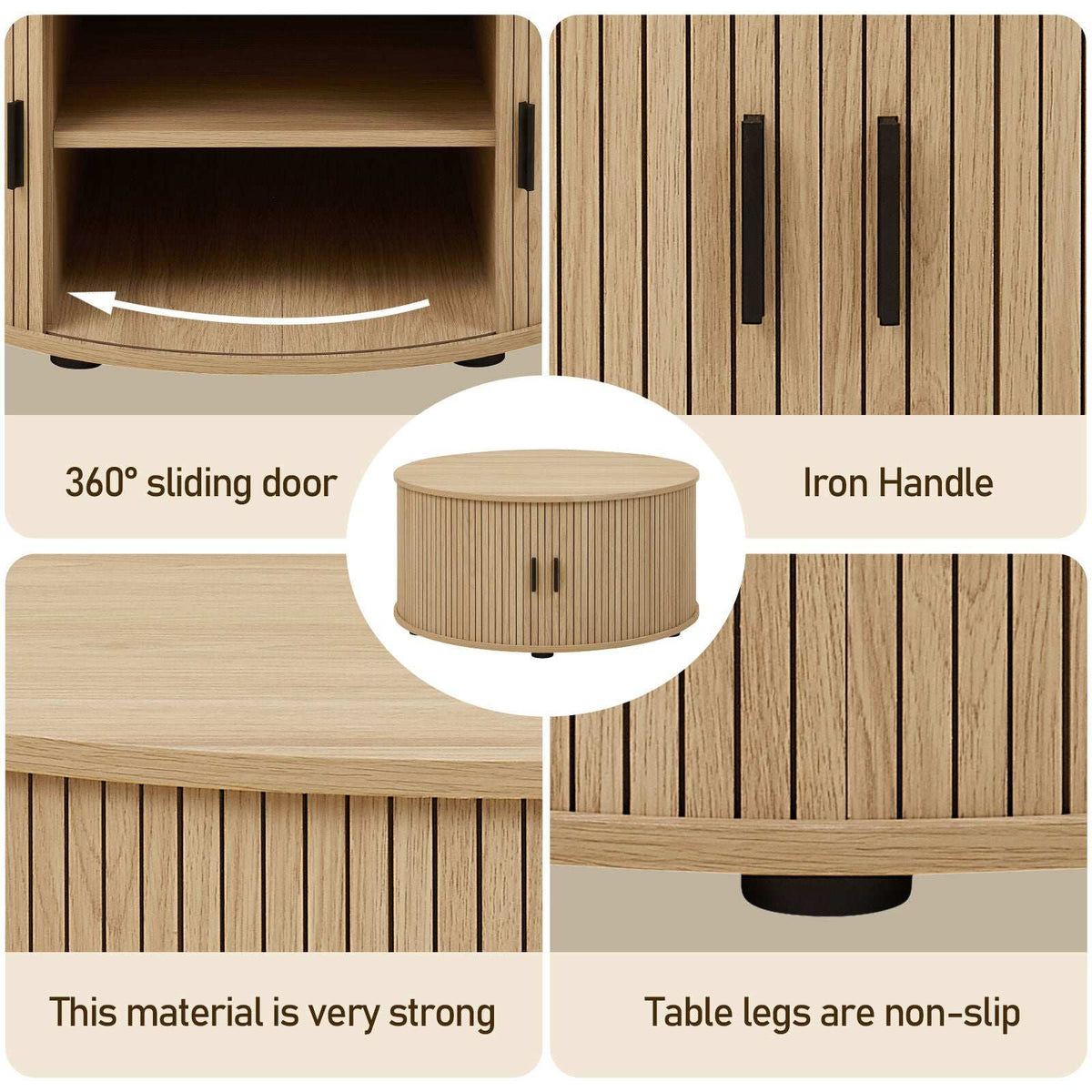 Close-up of the fluted panel and rounded corner detail on the Ayla storage cabinet