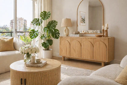 Ayla Round Fluted Coffee Table styled in a cosy Australian living room on a wool rug