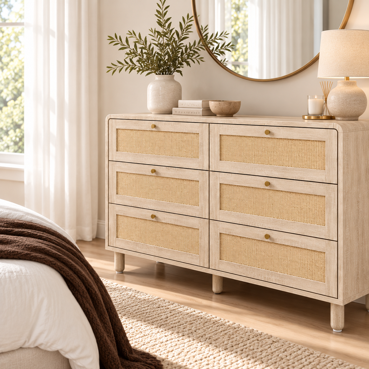 Barley 3 Piece Rattan Bedroom Bundle – 6 Drawer Dresser & 2 Bedside Tables