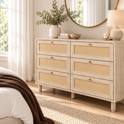 Barley 3 Piece Rattan Bedroom Bundle – 6 Drawer Dresser & 2 Bedside Tables