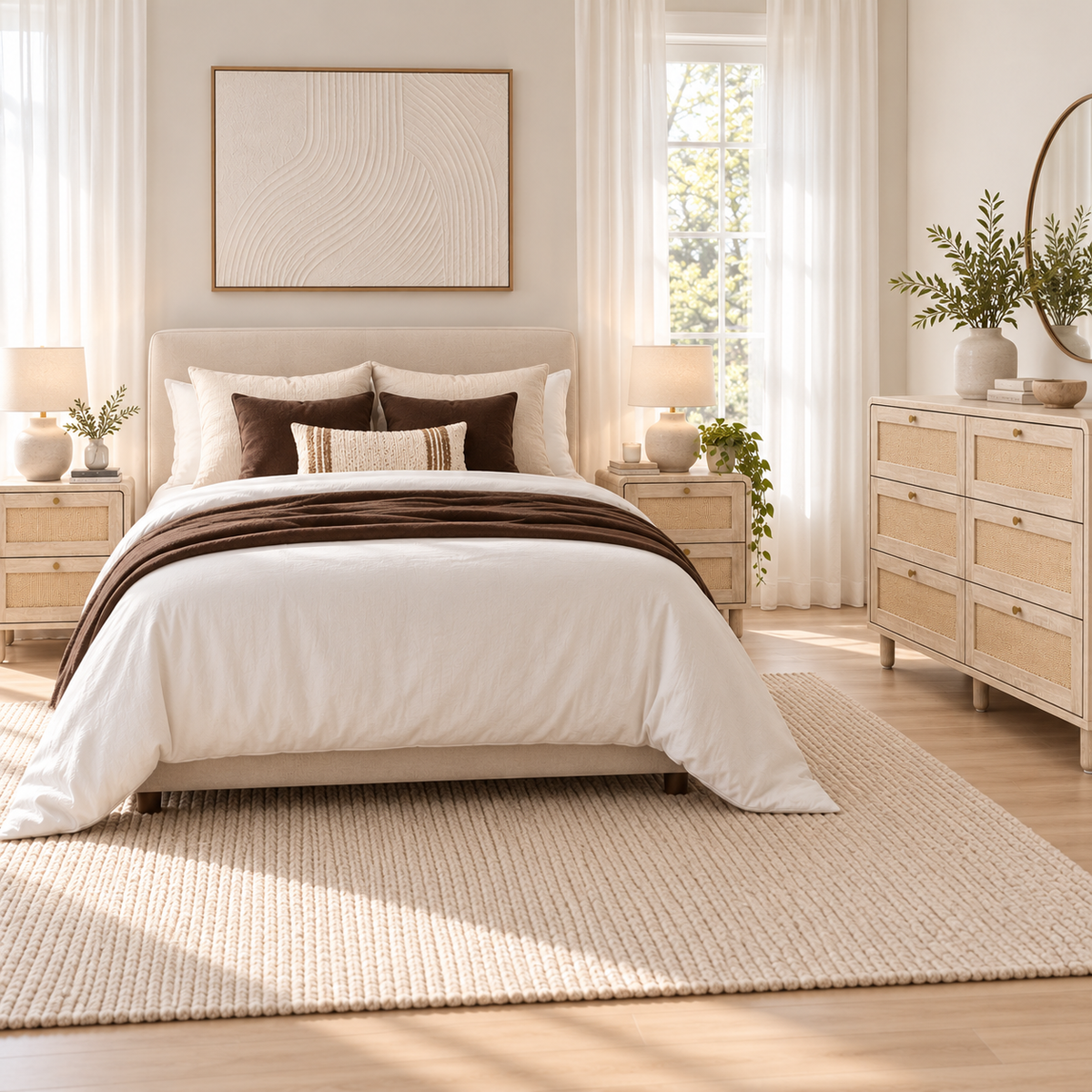 Barley 3 Piece Rattan Bedroom Bundle – 6 Drawer Dresser & 2 Bedside Tables