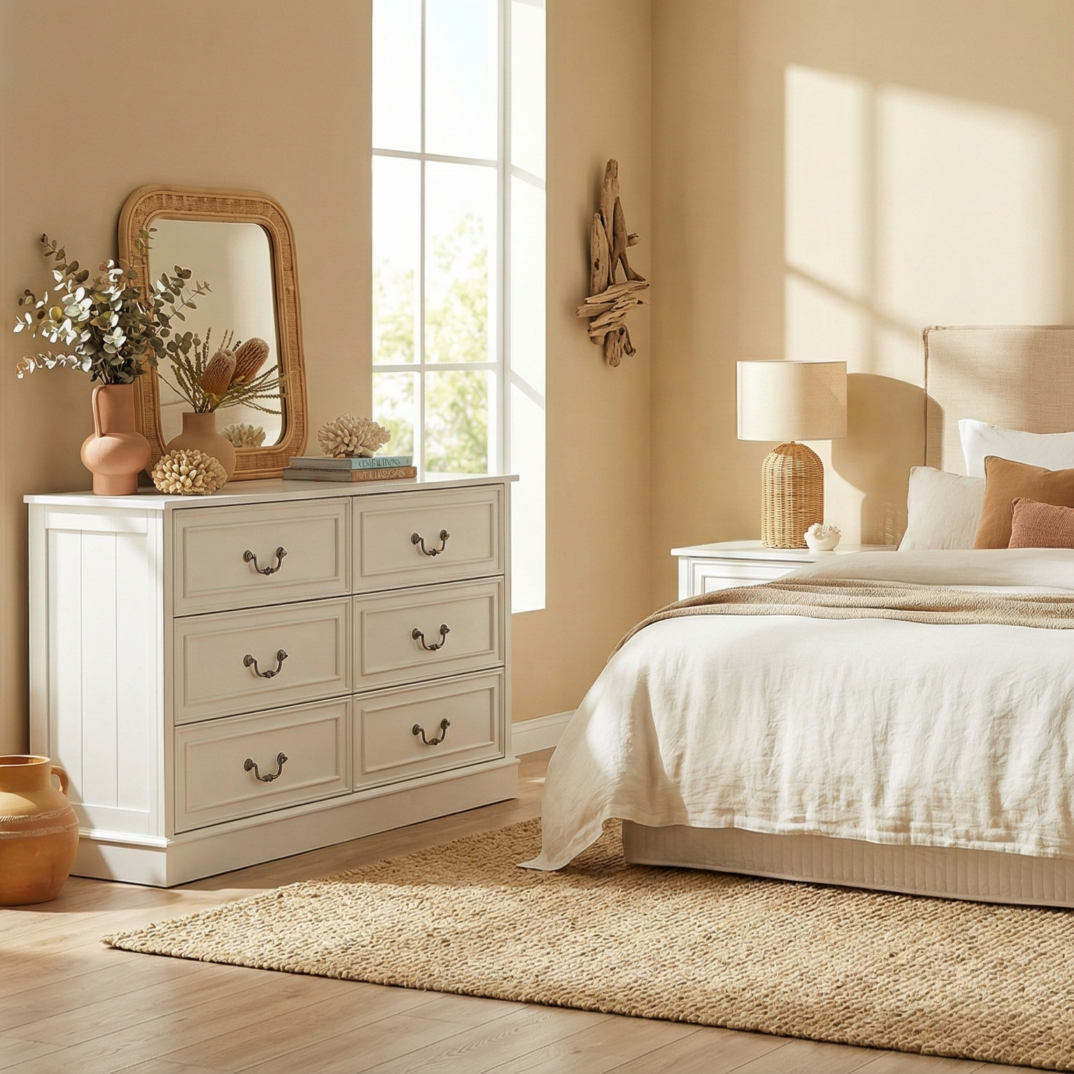 Hampton White 6 Drawer Chest of Drawers Lowboy Dresser Storage Cabinet Bedroom