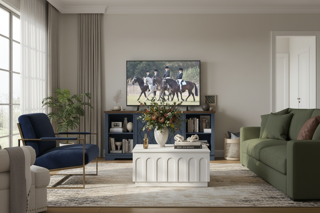 Brook Nautica Blue TV Unit with Opera White Coffee Table - Hero Shot