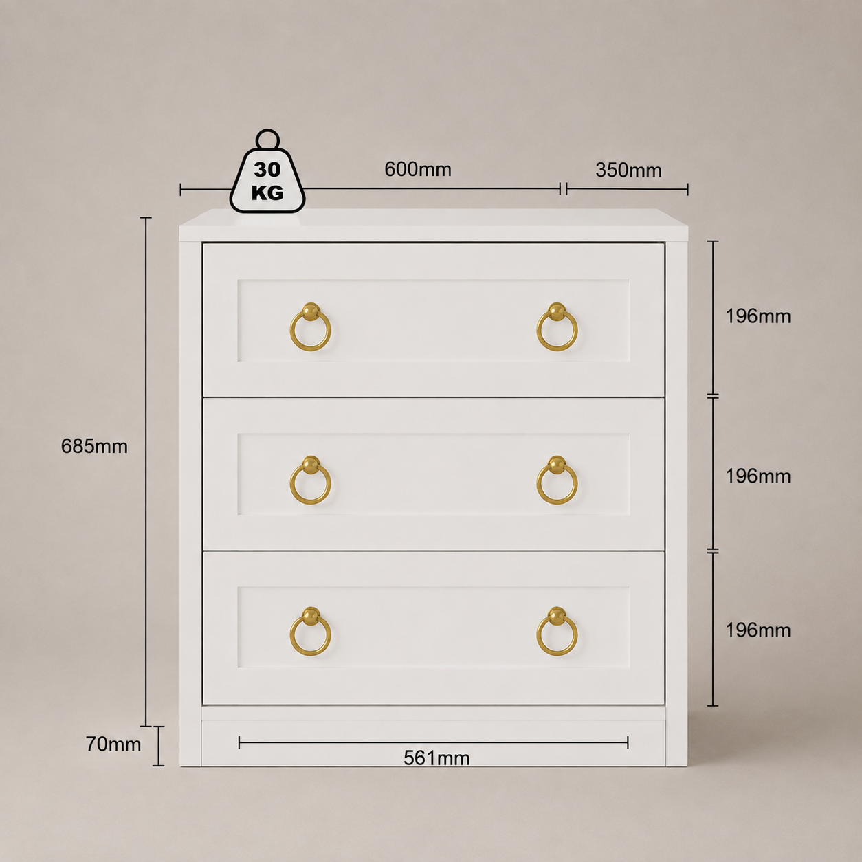 A white three-drawer chest with gold ring pulls, shown with dimension lines and labels indicating width, height, depth, and weight on a plain beige background.