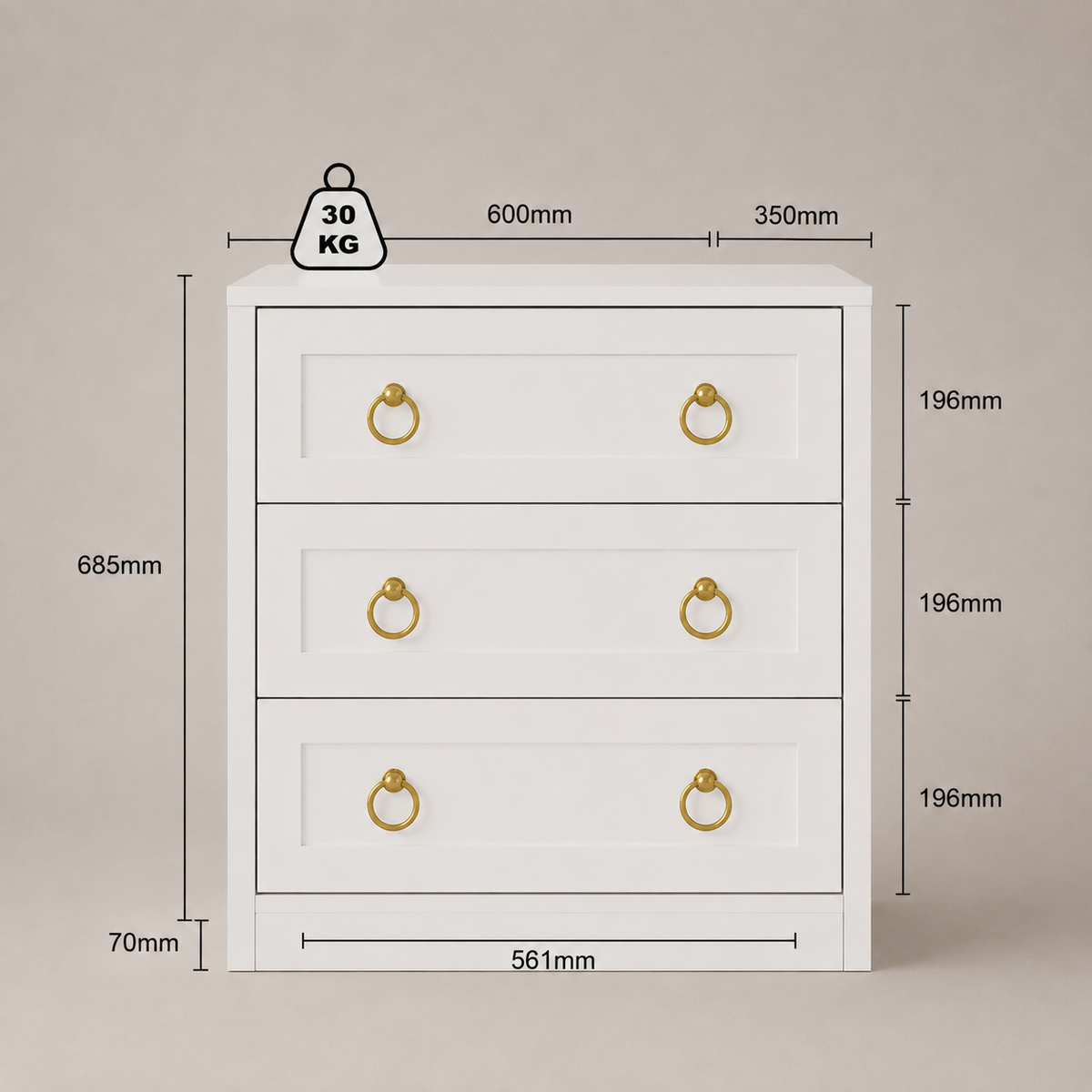Villa Blanc 3-Drawer Bed Side Table – White with Gold Handle