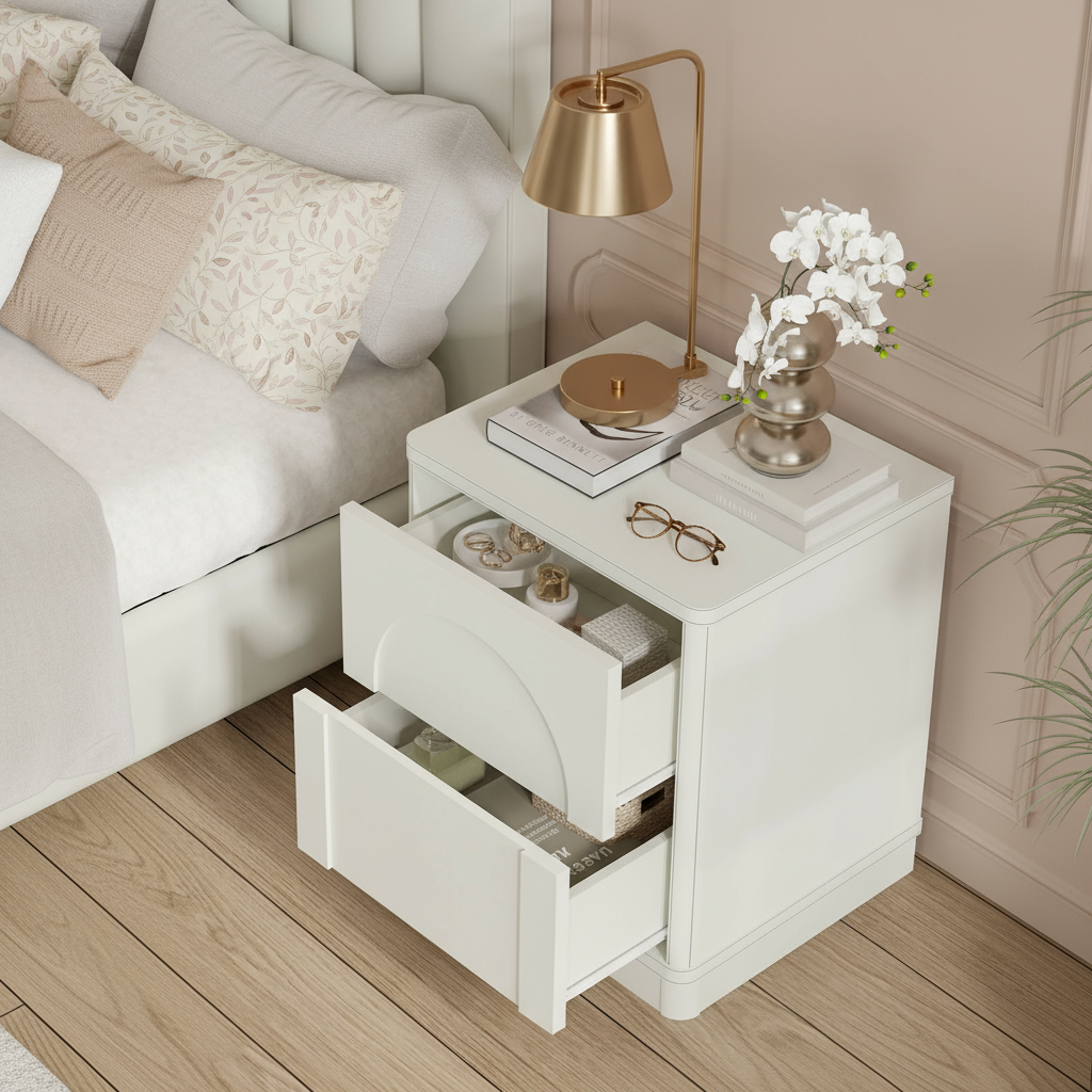 Correct nightstand design with drawer and door open