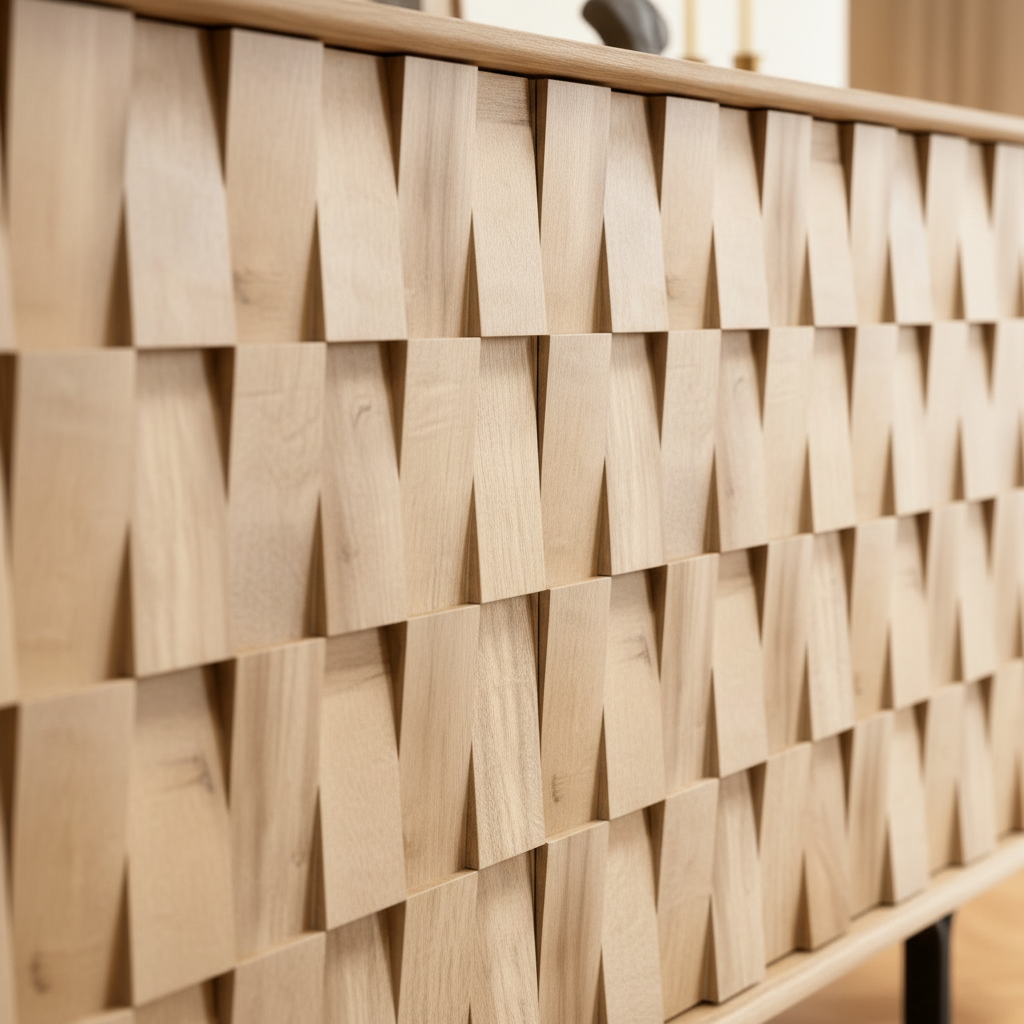 Detail of integrated door design blending with slat pattern