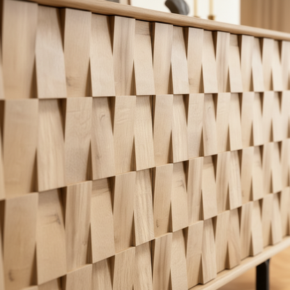 Detail of integrated door design blending with slat pattern