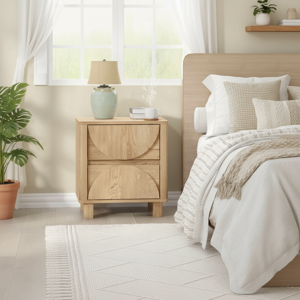 Eden arched bed frame styled in a warm minimalist Australian bedroom with linen bedding