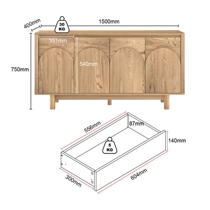 Eden Tallboy and Sideboard dimension diagram with height, width and depth measurements