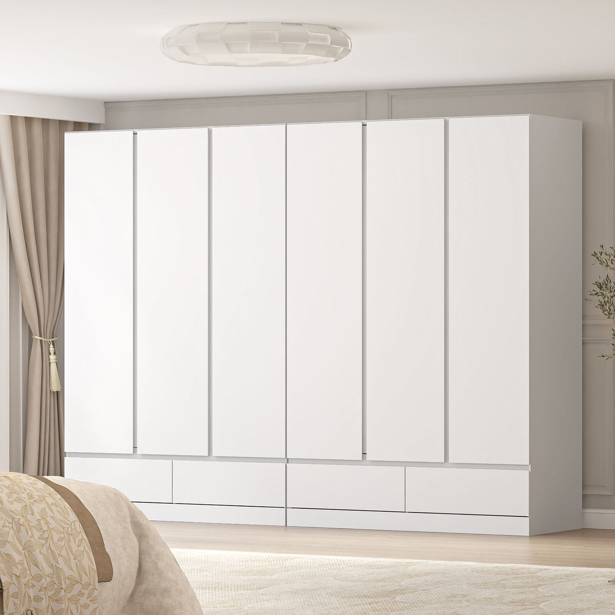 Close-up of the recessed handle and soft-close door edge on the Felix wardrobe in white laminate