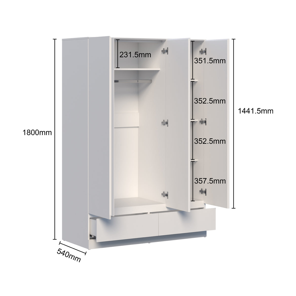 Felix Wardrobe Bundle dimension diagram showing internal shelf and hanging rail layout