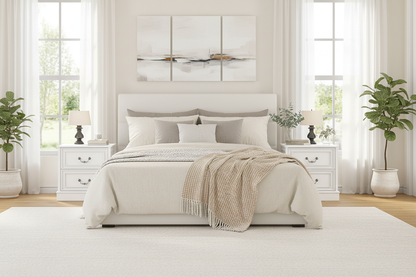 Pair of white 2-drawer bedside tables in symmetrical bedroom setting