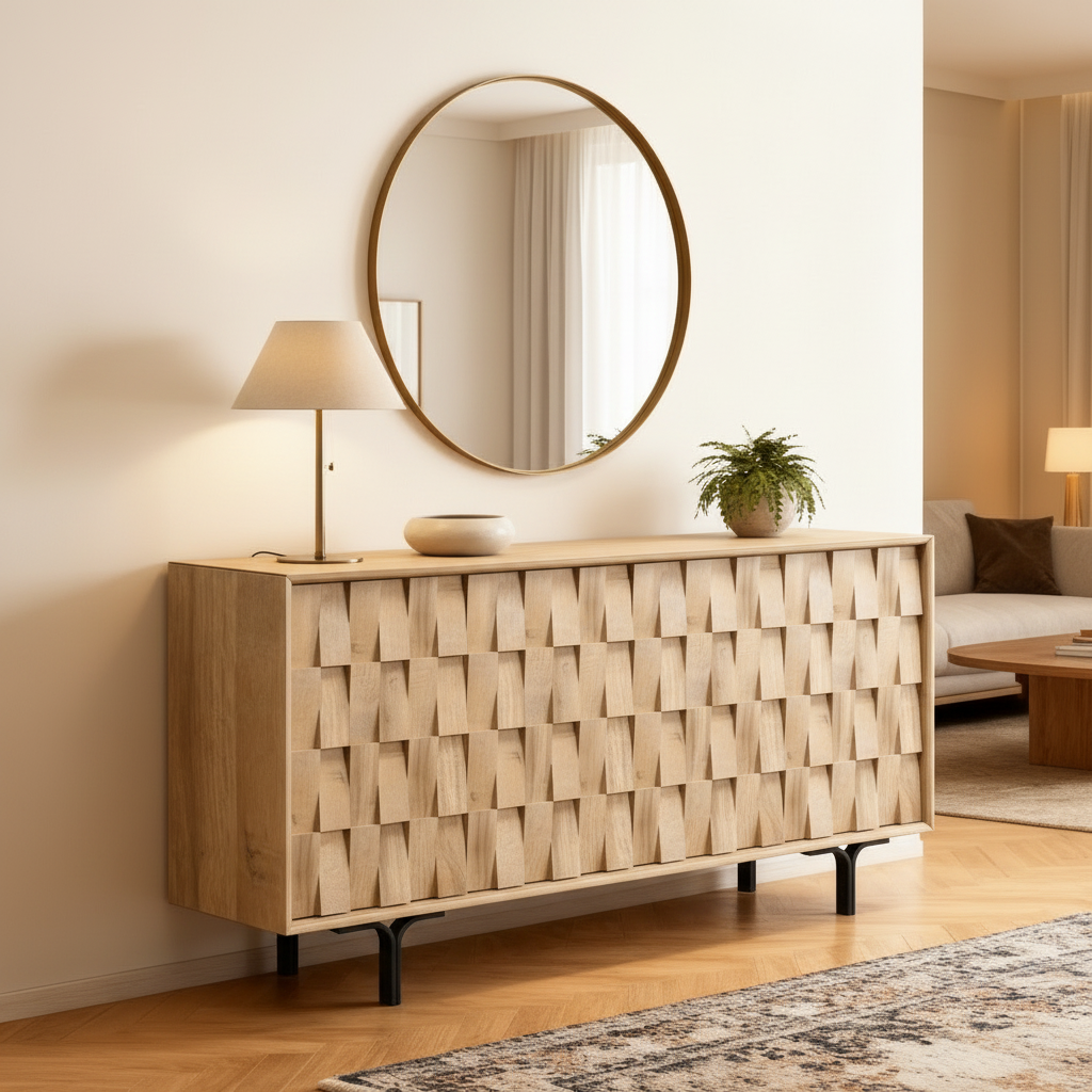 Velluto 4-Door Buffet Sideboard - 3D Textured Wood Slat Design with Storage