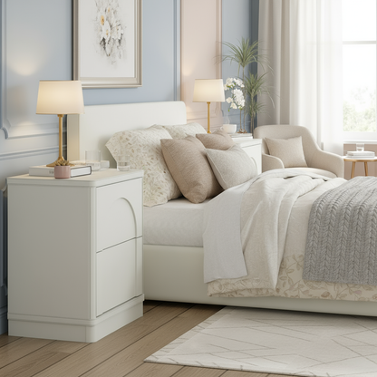 Two-drawer nightstand beside bed