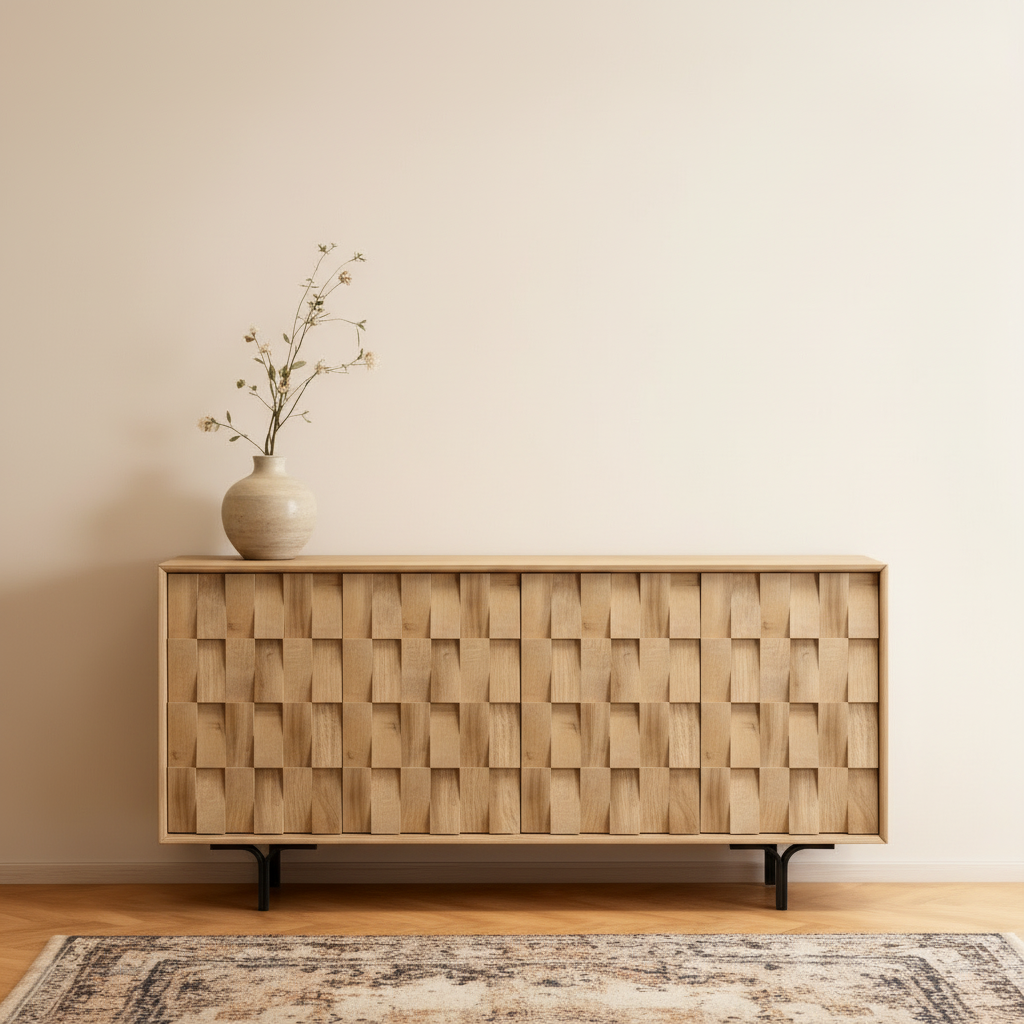 Warm professional shot of 3D textured buffet sideboard with gradient background