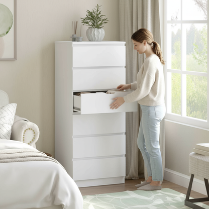 White 6-Drawer Chest with Person Opening Drawer