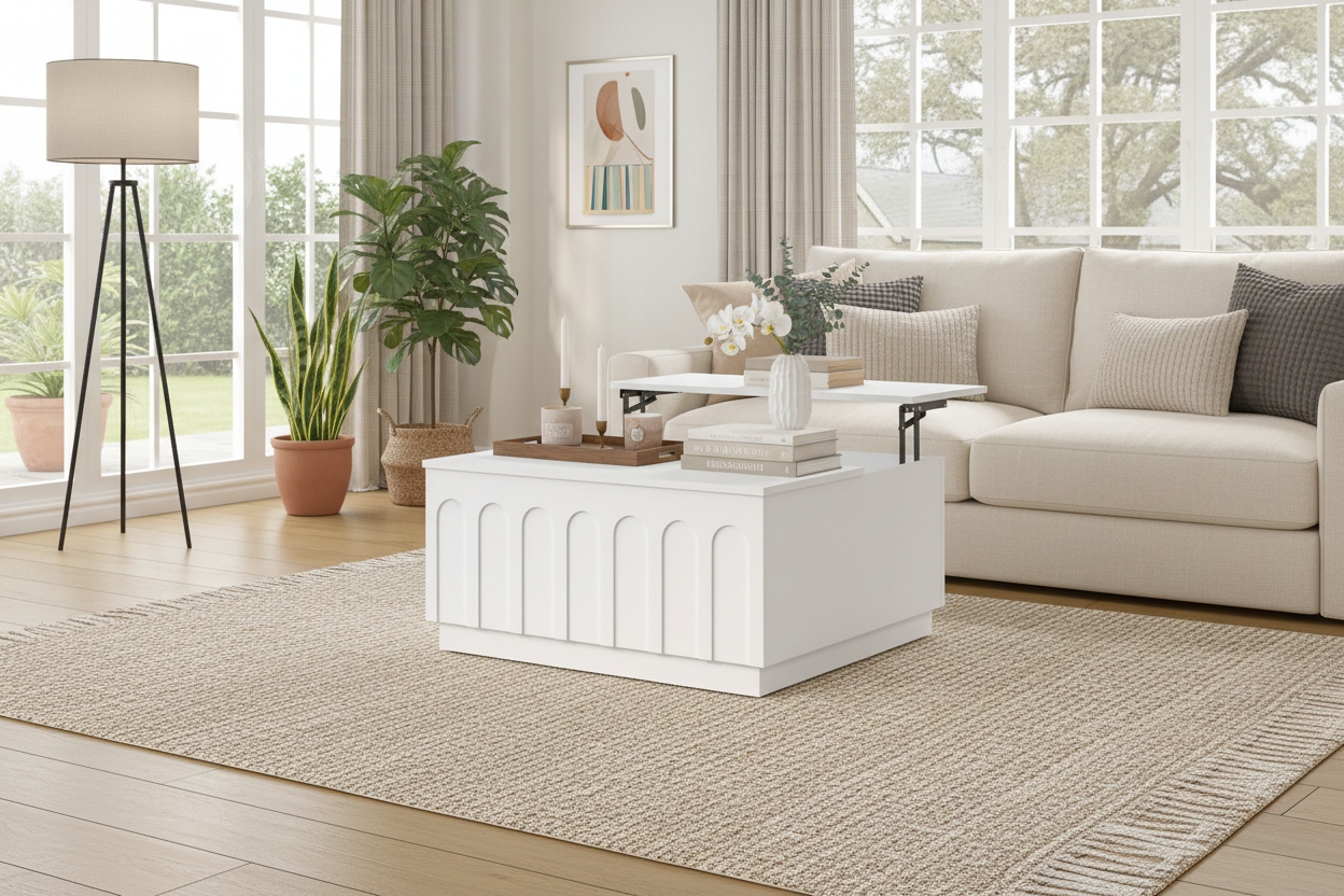 White arched panel coffee table in luxurious living room